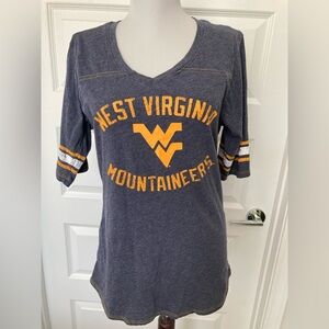 West Virginia University women’s V-neck T. Size L but fits like M. Form fitting.